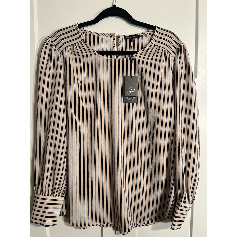 Adrianna Papell Women's Medium Striped Long Sleeve Blouse Beige Black NWT $89